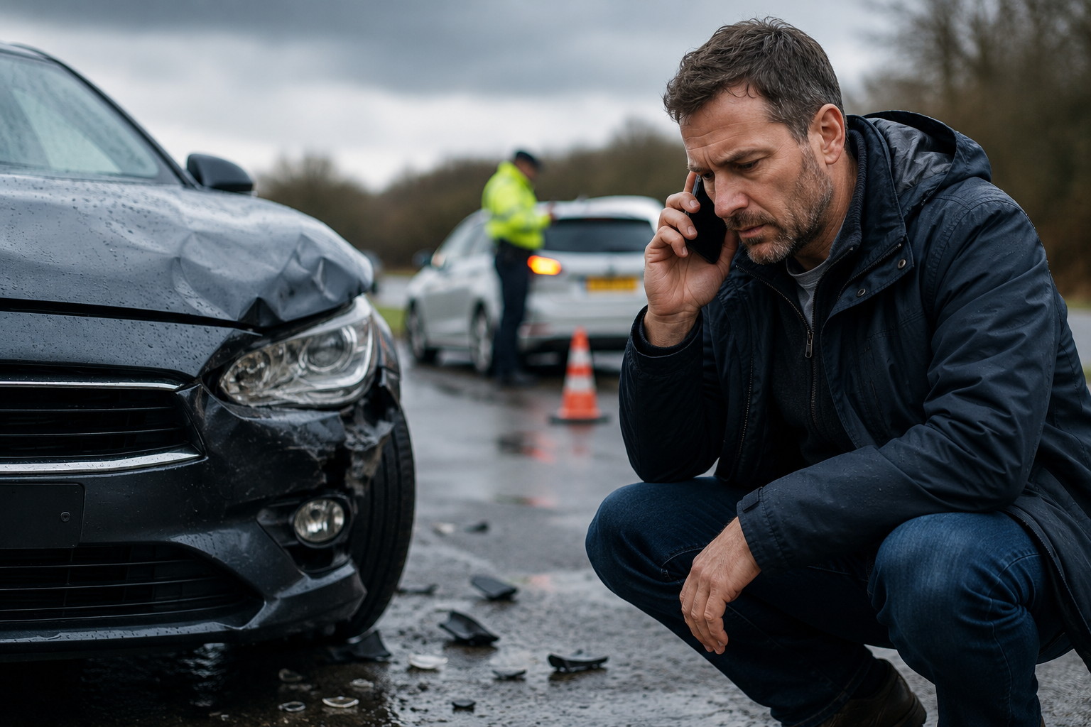 Motorist reporting an accident beside a damaged vehicle.