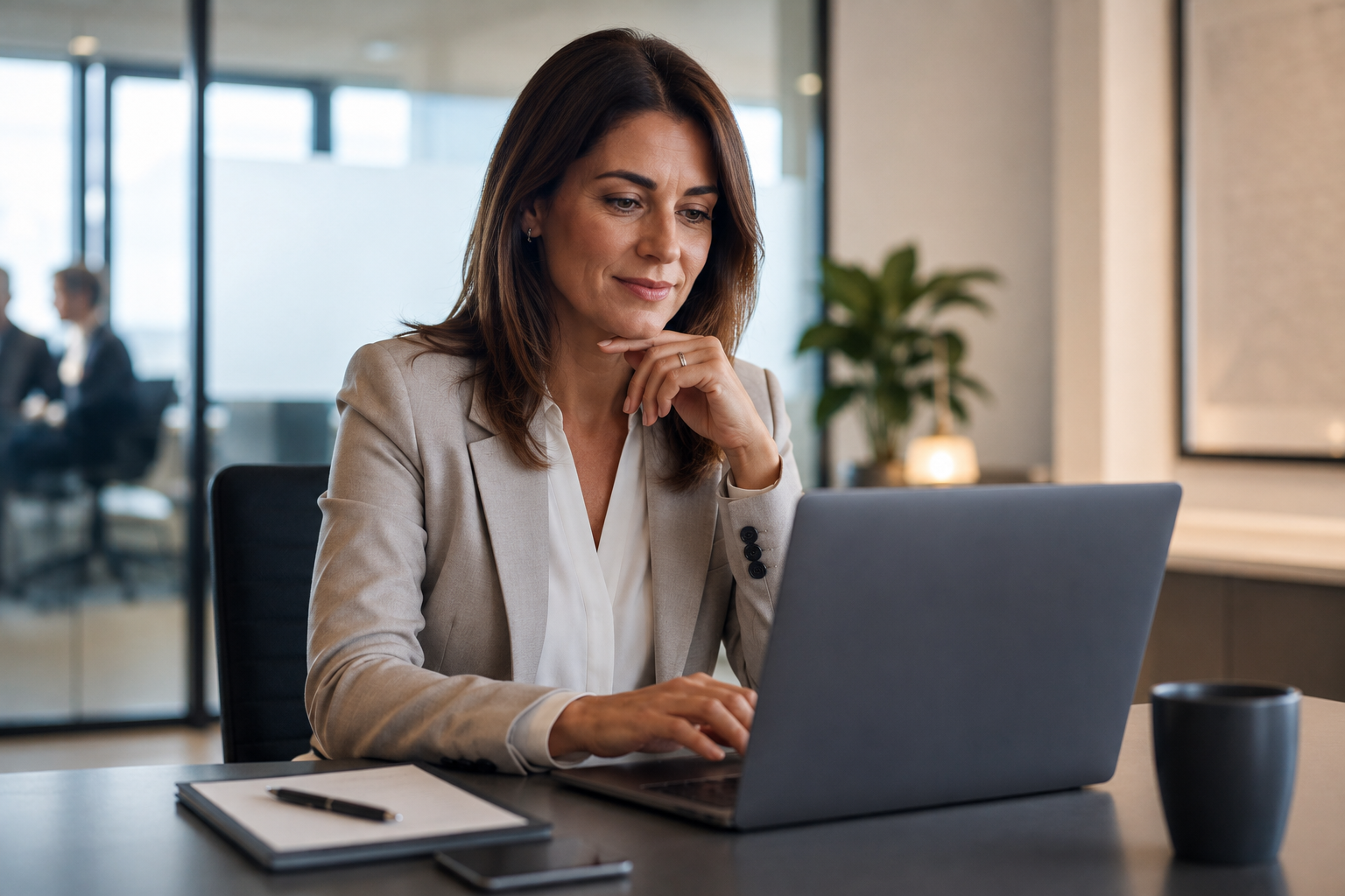 Insurance professional reviewing information on a laptop.